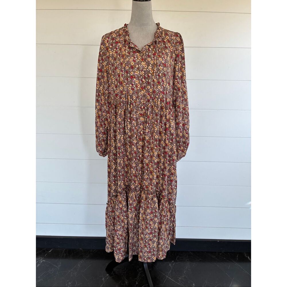 Easel Floral Long Sleeve Tiered Maxi Dress - Rust Floral Sz Medium